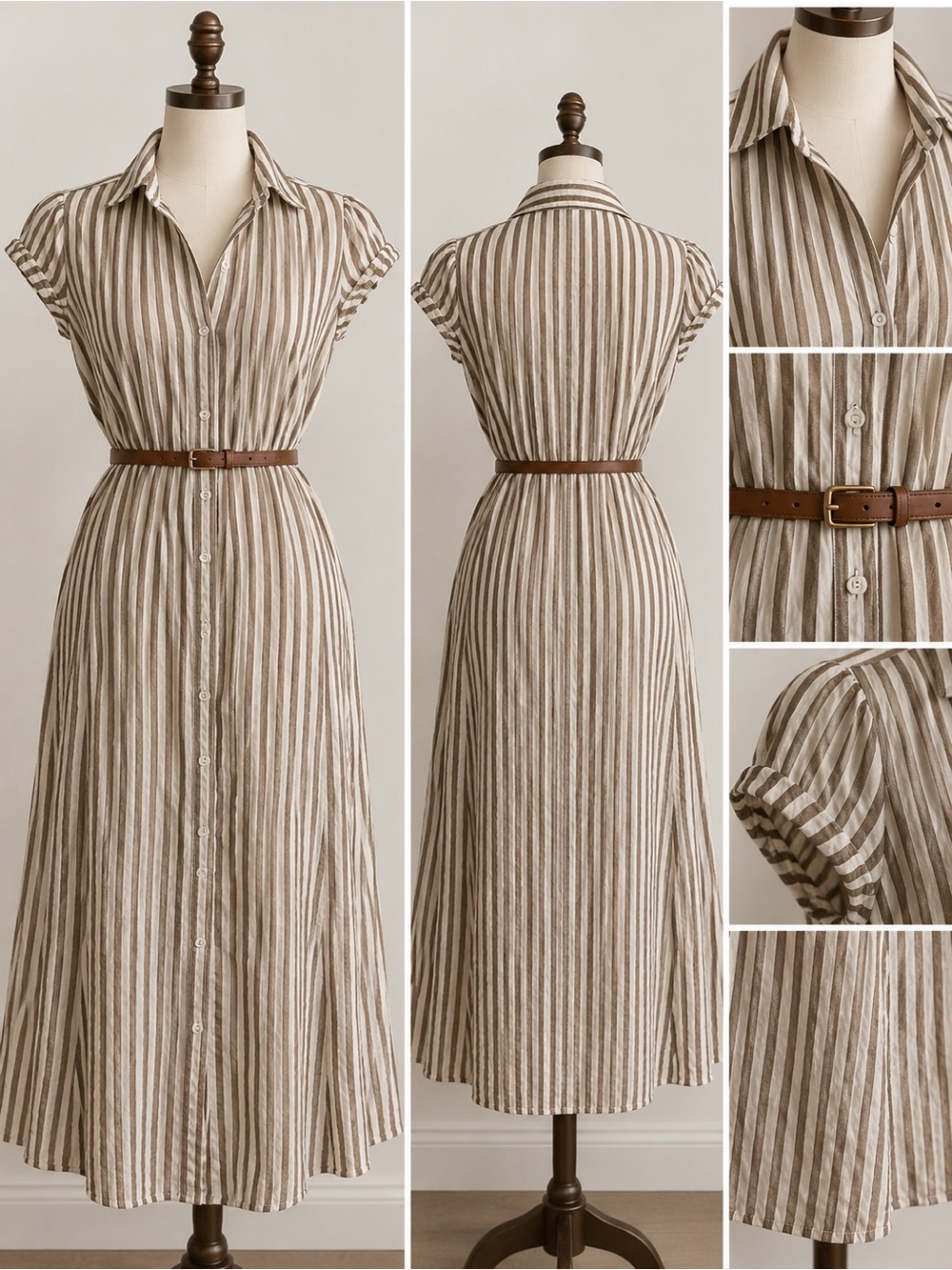 Polo by Ralph Lauren Beige and White Lined Midi Shirt Dress